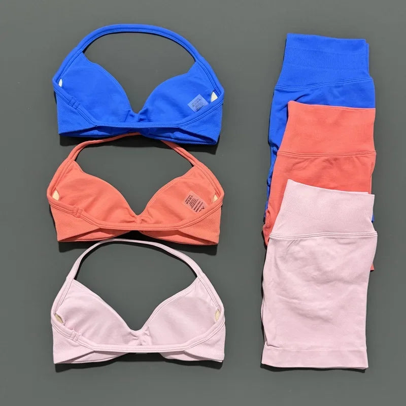 Yoga Gym Set 2 Piece Women Seamless Strappy Yoga Bra Top High Waist Workout Scrunch Shorts Sports Set Fitness Clothes Sportswear