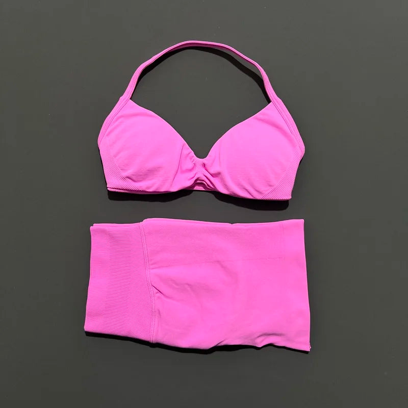 Yoga Gym Set 2 Piece Women Seamless Strappy Yoga Bra Top High Waist Workout Scrunch Shorts Sports Set Fitness Clothes Sportswear
