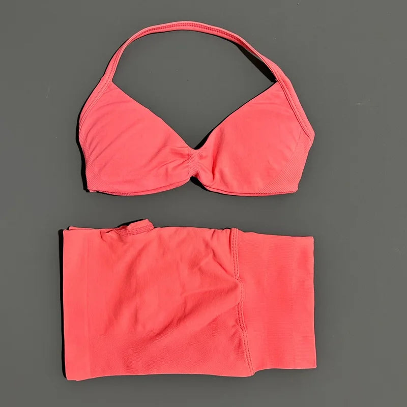 Yoga Gym Set 2 Piece Women Seamless Strappy Yoga Bra Top High Waist Workout Scrunch Shorts Sports Set Fitness Clothes Sportswear