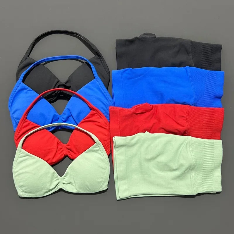 Yoga Gym Set 2 Piece Women Seamless Strappy Yoga Bra Top High Waist Workout Scrunch Shorts Sports Set Fitness Clothes Sportswear