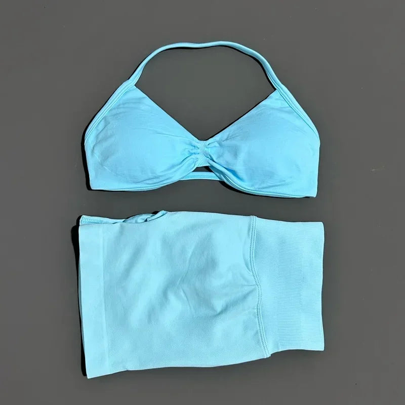 Yoga Gym Set 2 Piece Women Seamless Strappy Yoga Bra Top High Waist Workout Scrunch Shorts Sports Set Fitness Clothes Sportswear