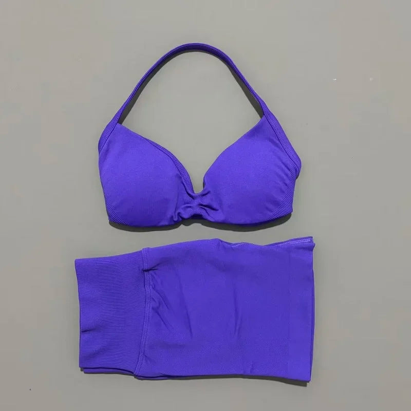 Yoga Gym Set 2 Piece Women Seamless Strappy Yoga Bra Top High Waist Workout Scrunch Shorts Sports Set Fitness Clothes Sportswear